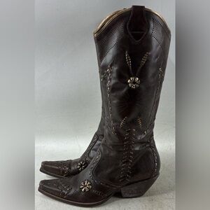 BCBGirls Cowgirl Chocolate Brown Leather Embellished Heeled Boots Size 9